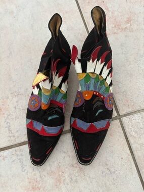 Vintage Zalo Cowboy Booties Horse Boots western heels feather hat design shoes